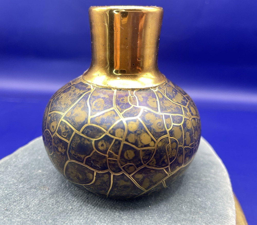 VTG Nielsen Pottery Art Bud Vase '92 SIGNED Iridescent Blue/Gold Made in USA